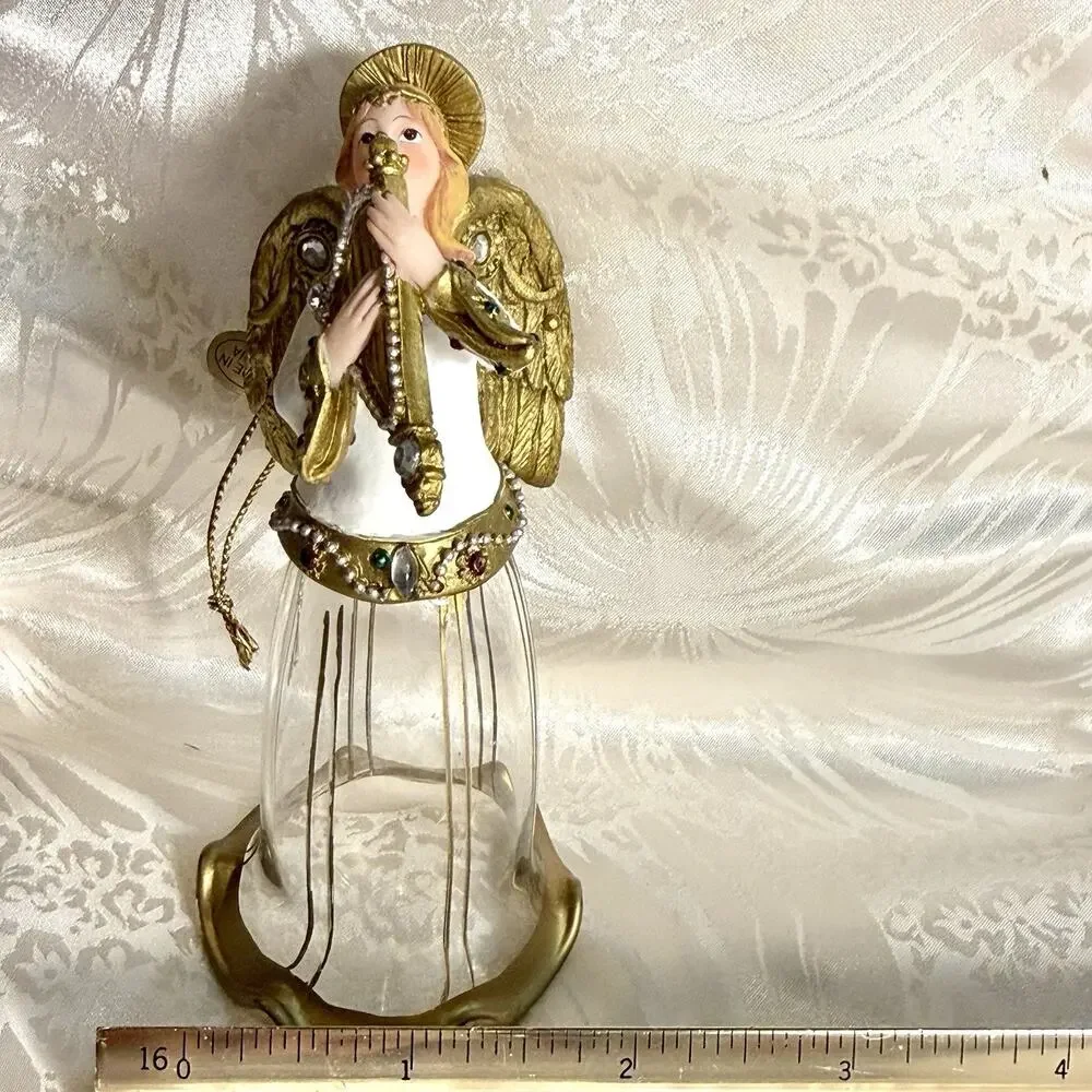 VTG Christmas Harp Angel Holiday Tree Ornament Clear Glass Flute Bell Skirt 4”